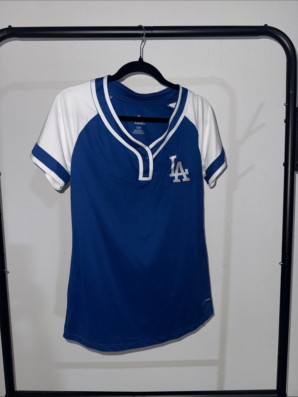 Majestic Blue and White LA Raglan Baseball Jersey